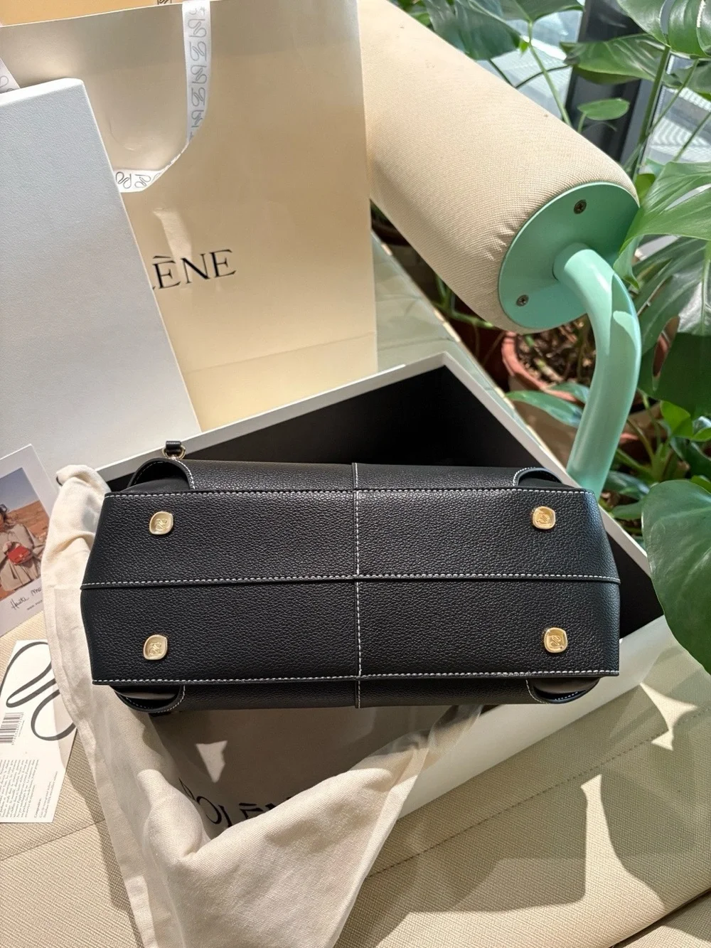 Polène Black Leather Satchel with Top Handle
